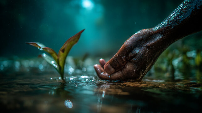 Human hand reaching toward small sprout growing from wet soil in dark forest