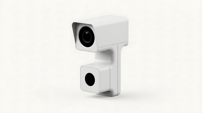 Modern white security camera for smart home monitoring isolated on a clean white background
