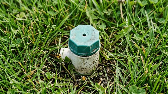 Sprinkler irrigation head installed in green grass lawn for garden maintenance system