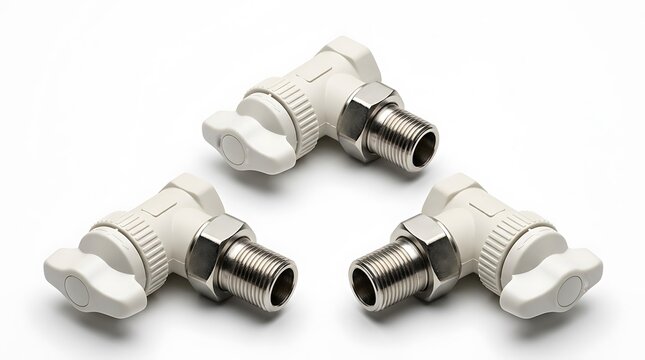 Three white plastic radiator valves with metal threaded connectors on white background