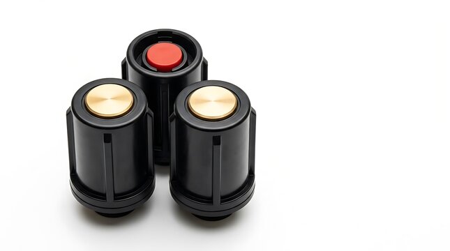 Three industrial push buttons with black housing and metallic caps on white background