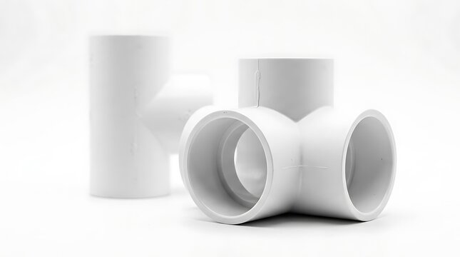 White PVC pipe T-connector fittings for plumbing installation on a clean white background