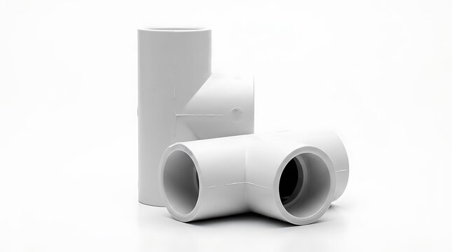 White PVC T-junction Pipe Fittings for Plumbing and Construction Projects Isolated on White