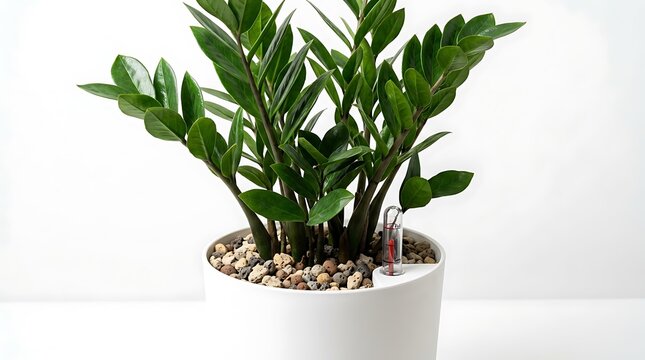 Zamioculcas zamiifolia plant in white pot with water level indicator for home decoration