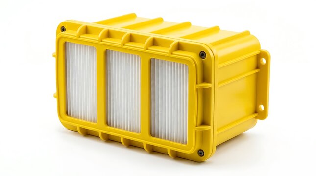 Yellow industrial air filtration unit isolated on white background for ventilation systems