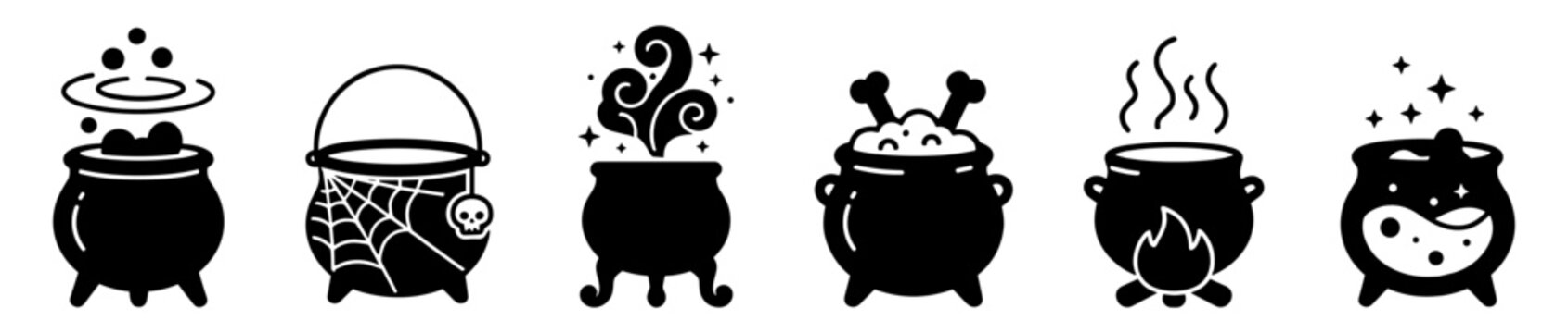 Set of six black silhouette cauldrons with magical and spooky elements including bubbles, spider web, steam, bones, fire, and stars on transparent background