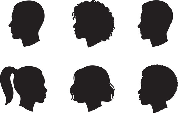 A collection of diverse human head profile icons featuring various hairstyles and genders presented in a minimalist black and white silhouette