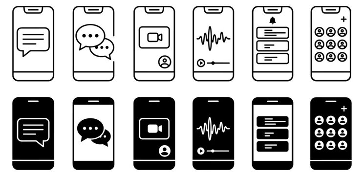 Set of mobile phone icons with chat, video call, audio wave, notifications, and contacts interface in line and solid styles on transparent background