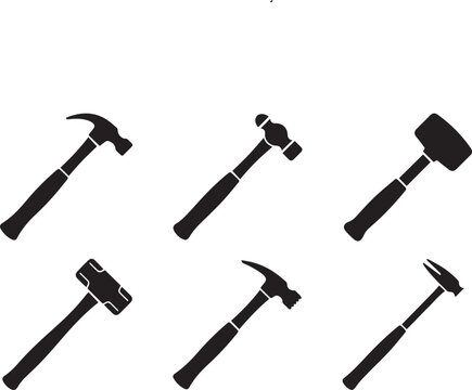 A collection of various construction and repair hand tools displayed as a professional black icon set in a minimalist style silhouette