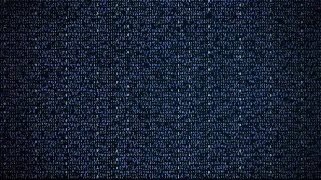 Digital code scrolling across dark screen with vertical motion, static shot, blue, glowing