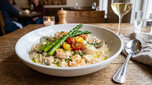 Gourmet creamy seafood risotto plated in pristine white bowl is garnished with green asparagus and cherry tomatoes beside silver spoon; photo.