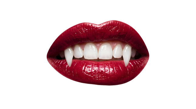 Close-up of red lips with sharp vampire fangs. Glossy mouth showing pointed teeth for Halloween or gothic themes.