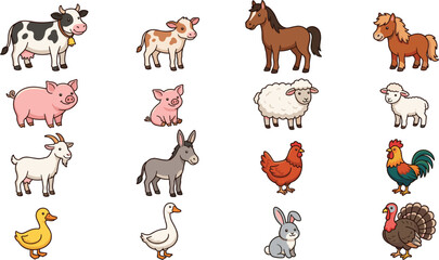 Fototapeta premium Cute cartoon farm animal vector illustration collection featuring cow, horse, pig, sheep, goat, and poultry
