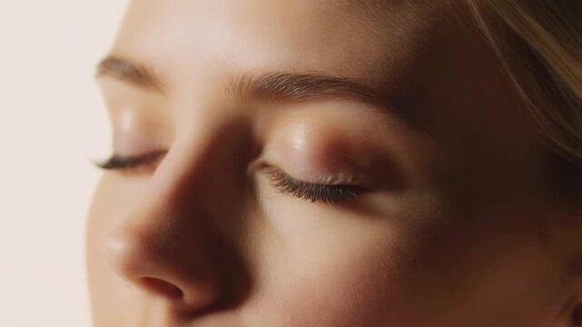 A close-up video capturing the serene profile of a young woman with her eyes closed, emphasizing her long eyelashes and flawless skin under soft, natural lighting.