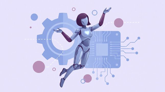 Flying AI influencer model illustration with glowing heart and circuit board background