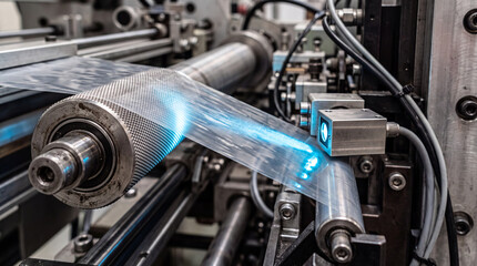 Fototapeta premium Precision industrial roller and optical sensor alignment mechanism inside plastic bag converting machine, macro detail of modern automated manufacturing