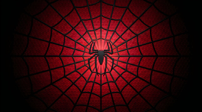 Happy Halloween day Spider web graphic on red textured background, black spider symbol in center of cobweb, superhero inspired pattern with vignette effect nice jpg