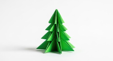 Obraz premium Origami fir tree made from bright green paper stands centered on a plain white surface, showcasing a modern and simple holiday aesthetic, art, yuletide, copy space