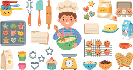 Cute cartoon chef boy baking cookies vector element set with kawaii character ingredients mixing bowl scales and kitchen utensils