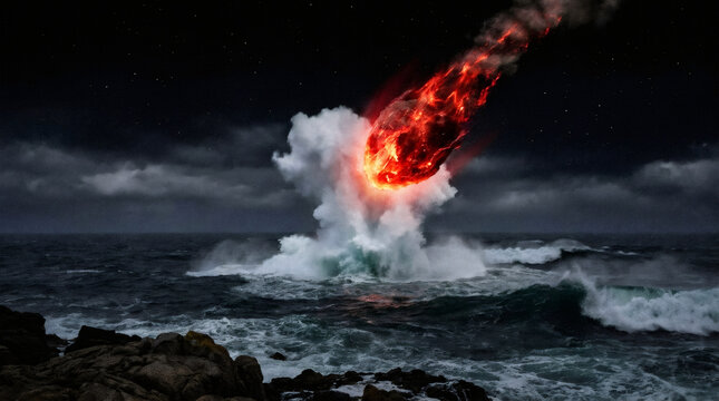 Burning meteor crashing into ocean water at night. Massive asteroid strike creating giant splash and explosion. Space disaster and cosmic impact event on Earth concept with glowing fire.