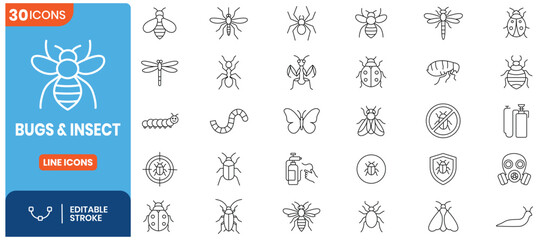 Insects and pest control line icon set. Wild bugs lineart collection including bee, spider, ant, mosquito, dragonfly, butterfly, caterpillar, vector editable stroke line illustration © Editable icon.org