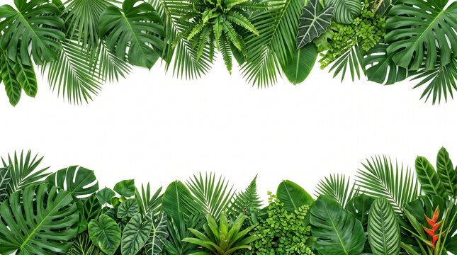 Top and bottom horizontal border frame made of various lush green tropical leaves isolated on a white background