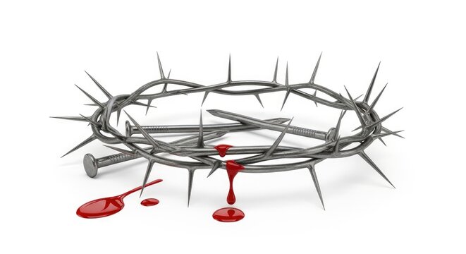 A three-dimensional rendering depicts a crown of thorns with nails embedded within it. A single drop of red blood drips from one of the nails, symbolizing suffering and sacrifice.