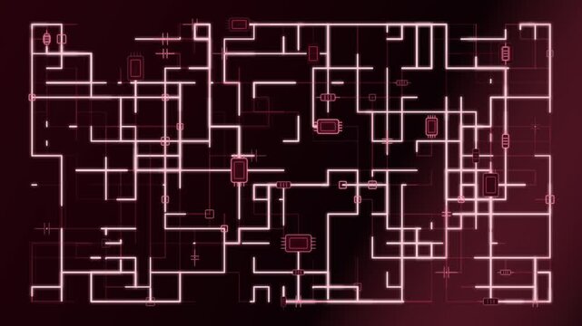 Neon circuitry shifting across dark digital grid, animated lines, flowing lines, static view, glowing