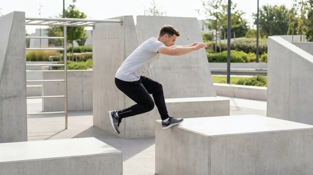 Male athlete practicing parkour, jumping between concrete blocks in an urban fitness park