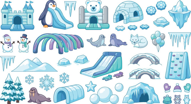 Cute arctic winter amusement park vector element set with ice castle bouncy houses snow slides igloo and polar animals