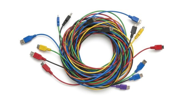 A long, colorful cable contains multiple USB cables of various colors. Each USB cable has a connector at the end.