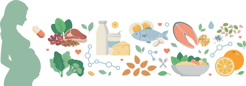 Healthy pregnancy nutrition and prenatal diet vector concept with pregnant woman silhouette and recommended food icons