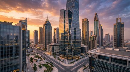 Obraz premium City skyline at golden hour. Modern skyscrapers in a business district at sunset.