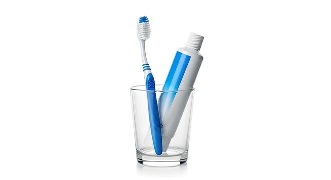 A blue toothbrush and a tube of toothpaste are placed in a clear glass. The glass is filled with water.