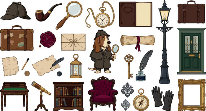 Classic victorian detective mystery investigator vector collection featuring funny hound dog spy old letters quill inkwell telescope vintage furniture and secret clue icons,