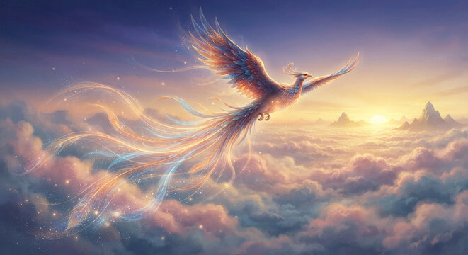 Phoenix Reborn Soaring Above Ethereal Clouds at Sunset