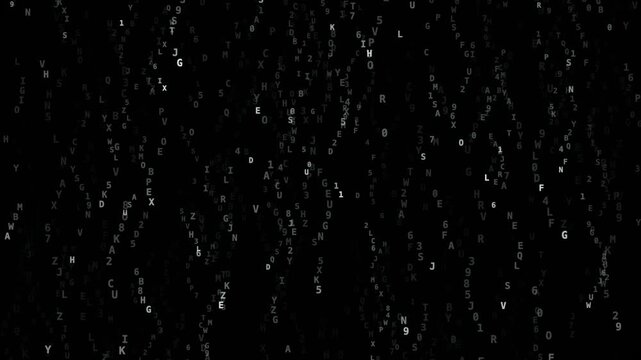 Digital characters falling on black background in vertical rain with motion blur, downward, static view, alphanumeric