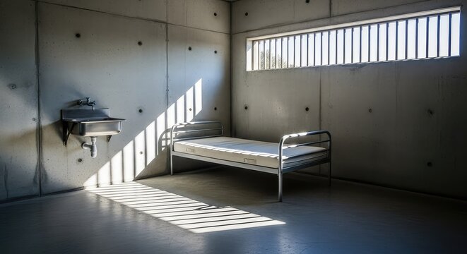 A sparse concrete room features a metal frame bed with a thin mattress, a steel sink, and a narrow barred window casting linear shadows, window, floor, incarceration