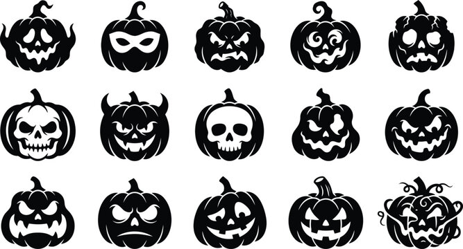 Set of scary halloween pumpkin faces in a hand drawn vector art style silhouette