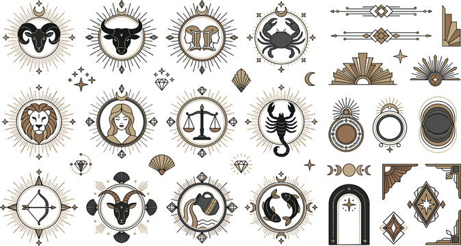 Art deco zodiac signs vector element set with celestial astrology symbols mystical geometric frames and retro decorative ornaments