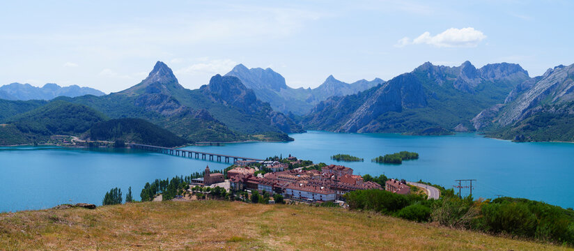 Riano town and reservoir with mountains in Leon Spain