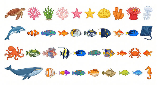 Colorful Cartoon Vector Set Of Various Sea Creatures And Marine Animals. Fish, Corals And Underwater Elements