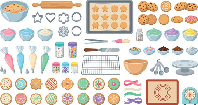 Cookie baking and royal icing decorating vector element set with dough cutters pastry bags chocolate chips sprinkles and kitchen tools