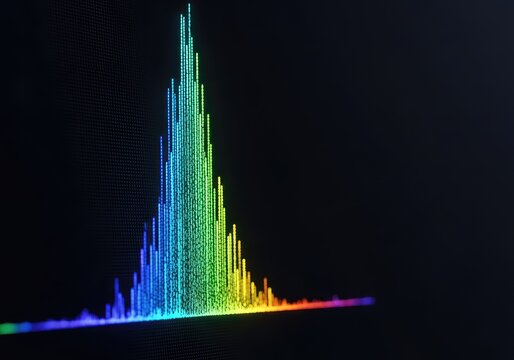 Abstract scientific visualization of genetic data showing colorful fluorescent peaks of sequenced DNA fragments on a dark digital display, laboratory, helix, genomic