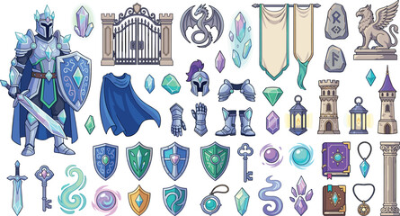 Fantasy magic knight vector element set with crystal armor swords shields wizard tower gates and rpg game assets © Monirul