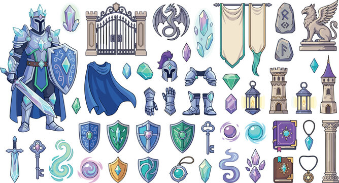 Fantasy magic knight vector element set with crystal armor swords shields wizard tower gates and rpg game assets