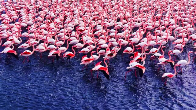 Close up of flamingo flock spreading wings in water, Bulgaria. Birds wade through the shallow lake displaying vivid pink plumage.