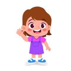Fototapeta premium Cute little girl waving hand with happy smile, friendly greeting gesture, adorable cartoon child character isolated on white background.