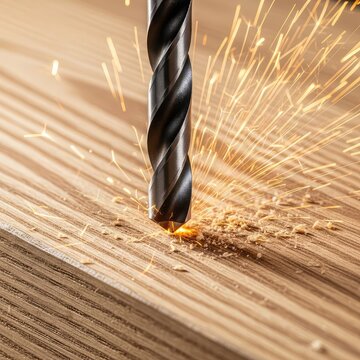 Close-up of a sharp metal drill bit piercing through a thick wooden plank with bright glowing sparks flying and fine sawdust scattering, renovation, project, lumber