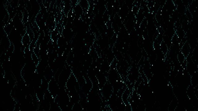 Alphanumeric characters falling across black background with wavy motion, static shot, teal, glowing